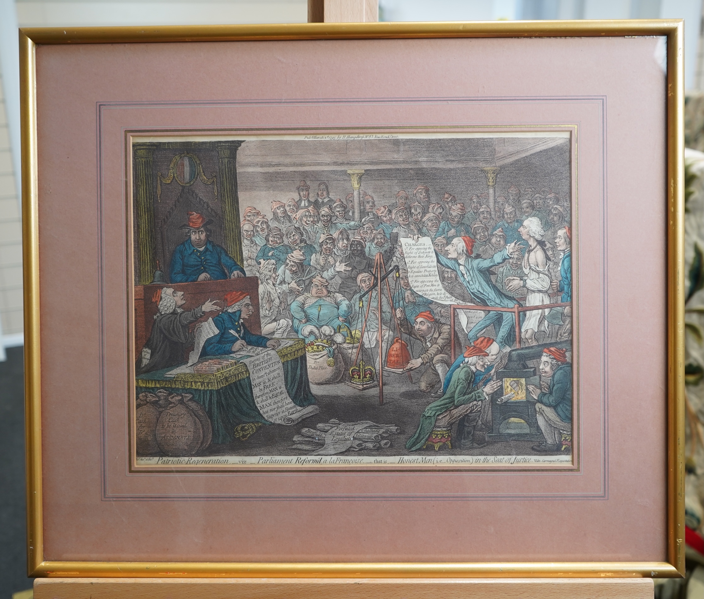 After James Gillray, 1756-1815, 'The Death of the Great Wolf' and 'Patriotic Regeneration -viz- Parliament Reform'd a la Francoise - that is - Honest Men'